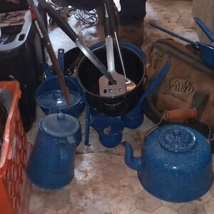 GSI camping dishes. BLUE, WHITE SPECKLED.